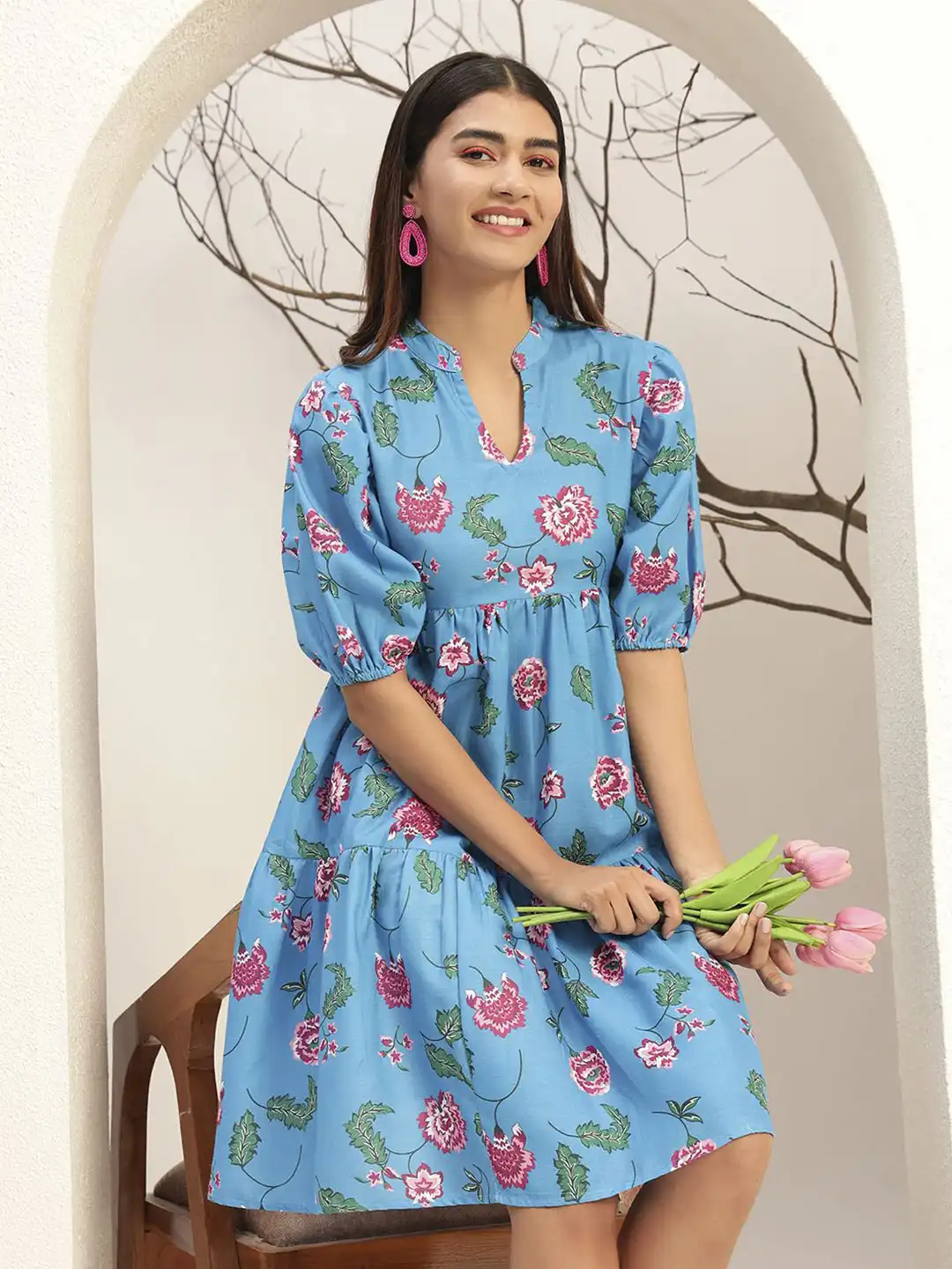 fit and flare floral print dresses knee length Blue Border Print Fit and Flare Knee Length Dress main image 1