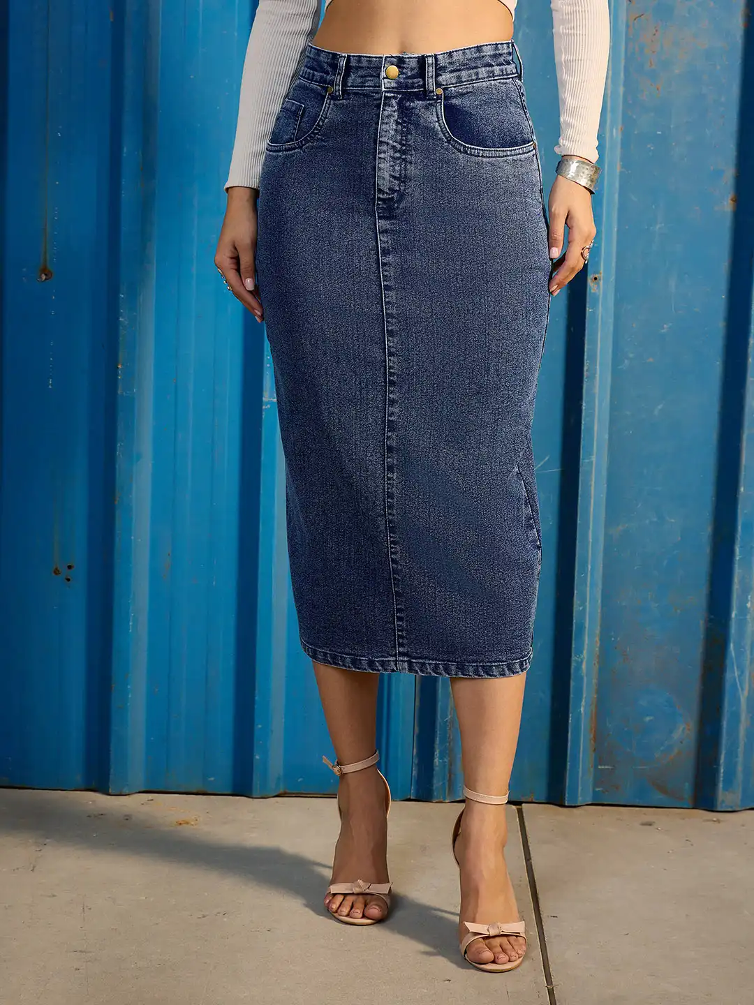 Buy CORSICA Back Slit Denim Midi Pencil Skirt - Skirts for Women