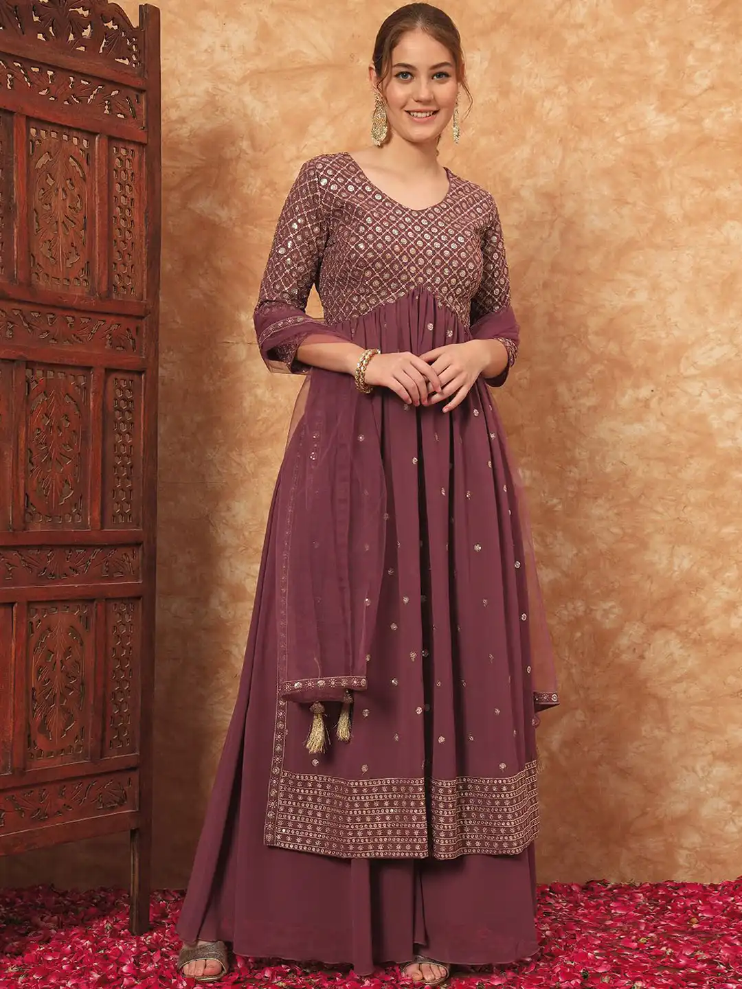 Buy Shopping Queen Women Alia Cut Floral Embroidered Regular Sequinned Kurta with Palazzos & With Dupatta - Kurta Sets for Women 33545550