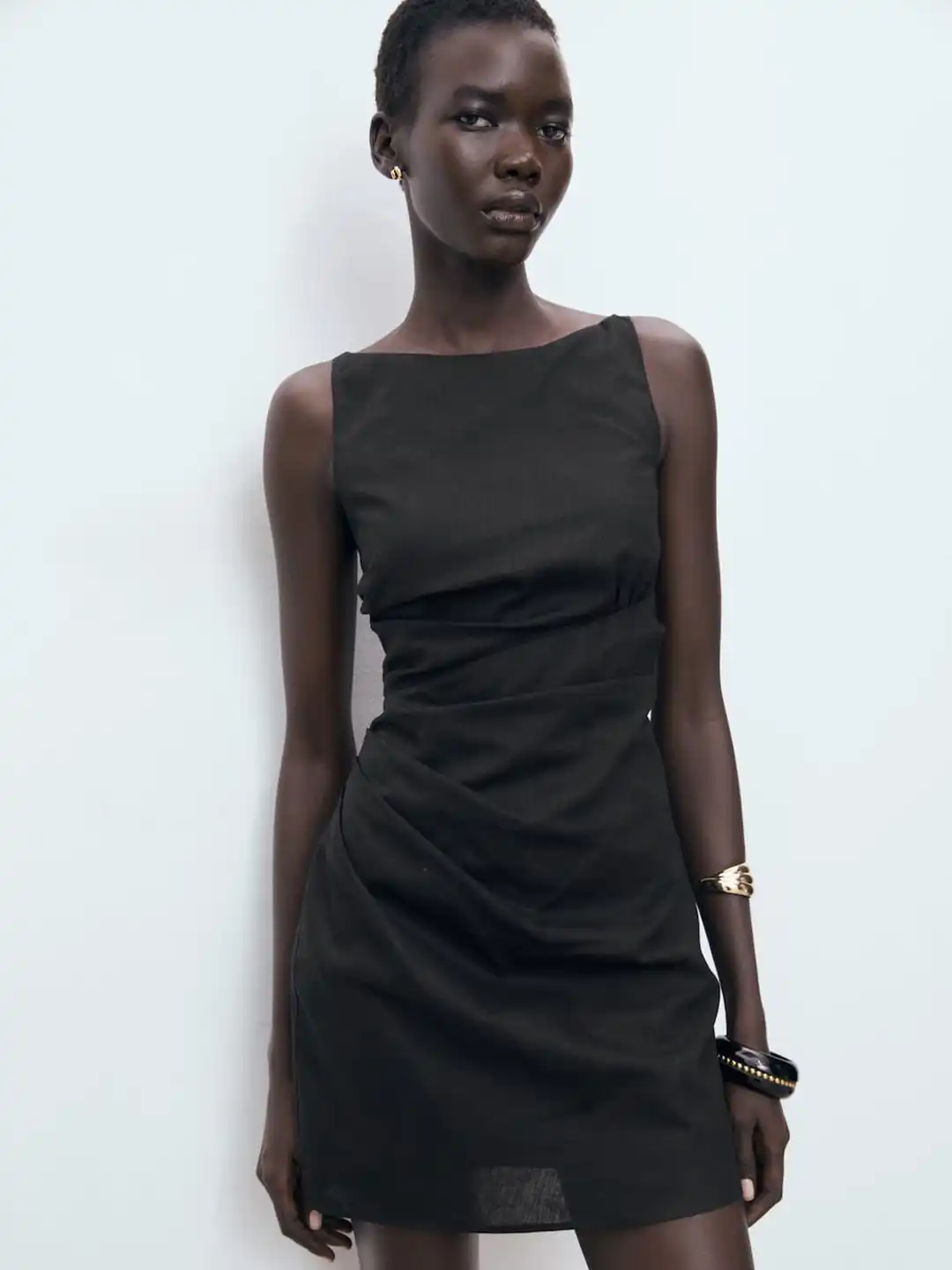 black linen dress mango Long linen dress with gathered panel - Women