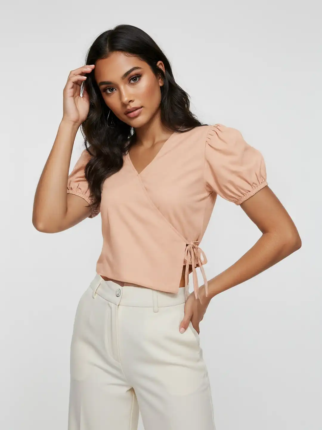 Buy glitchez Puff Sleeves Cotton Tie-Up Wrap Crop Top - Tops for