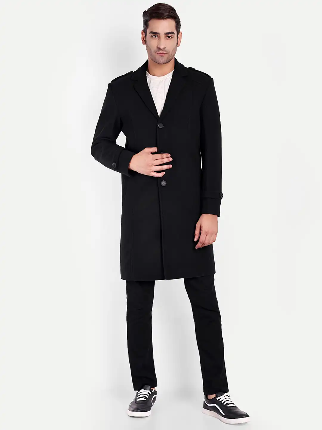 Buy HAUTEMODA Men Notched Collar Single-Breasted Wool Long Trench