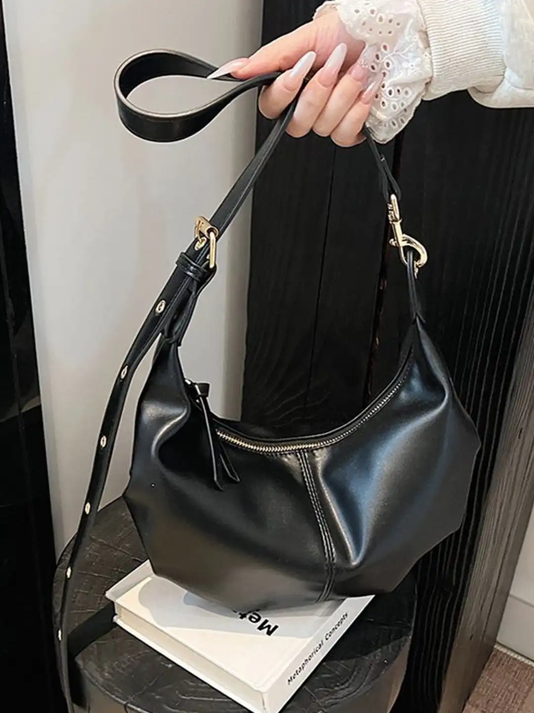 Buy CORSICA Women PU Half Moon Black Solid One Handle Hobo Bag