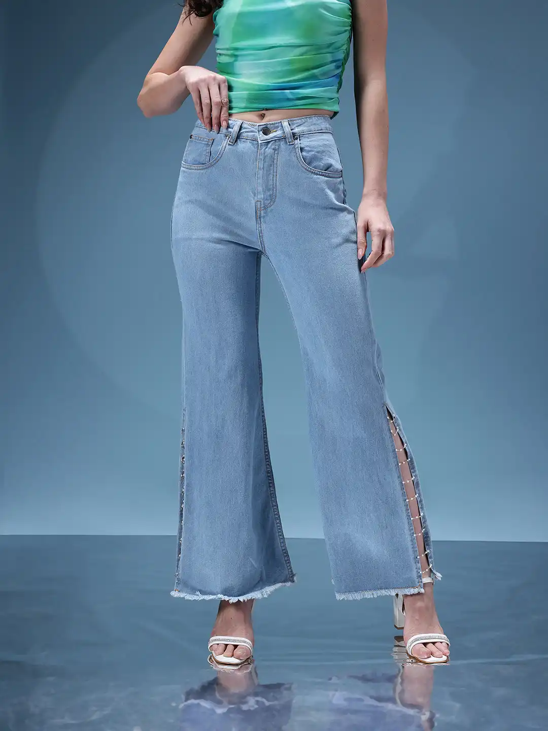 Buy bebe Women Denim Daze Beaded High-Rise Wide Leg Jeans with