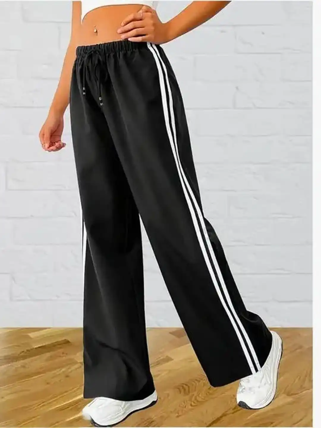 Buy KIBA Women Black Cotton Track Pant With Bold Stripe Lines