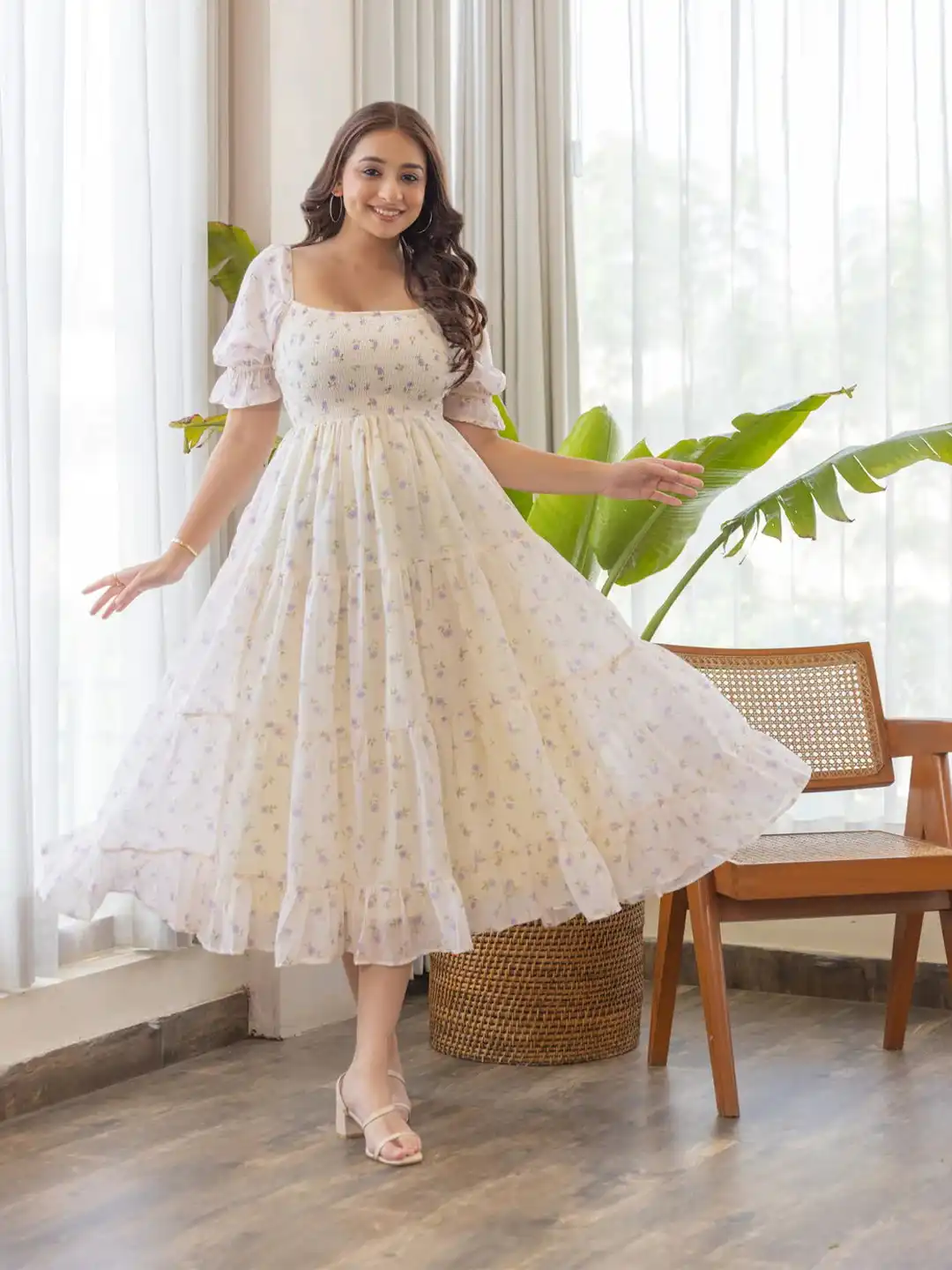 Buy Attire Empire Floral Print Puff Sleeve Georgette Fit & Flare Maxi Dress  - Dresses for Women 36445451 | Myntra