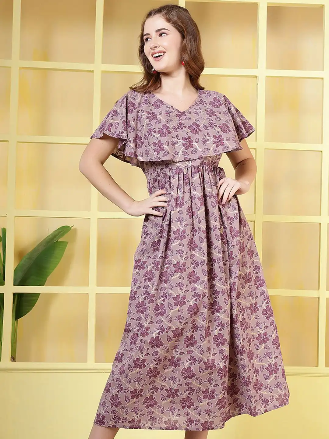 Buy Nayo Women Floral Printed Cape Sleeves V-Neck Pleated Detail