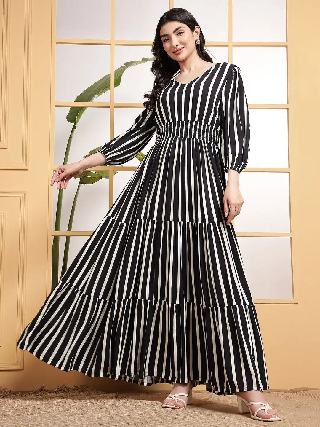 fit and flare striped dress Berrylush Women Navy Blue & Red Striped Pattern Square Neck Fit & Flar main image 1