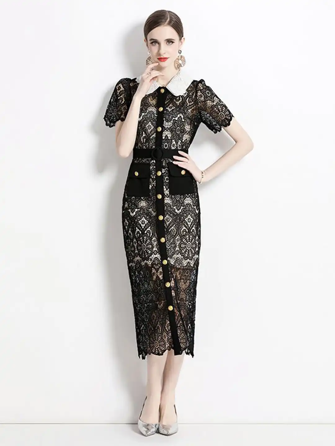 Buy bebe Black Lace Contrast Collar Short Sleeves Belted Button Front  Sheath Midi Dress - Dresses for Women 36600296 | Myntra
