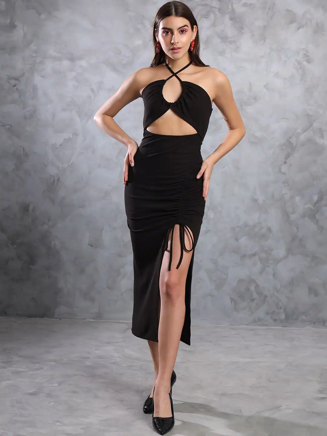 silk halter dress with folds around the neckline Stolen Stores HALTER BIAS MAXI SLIP DRESS IN COBALT