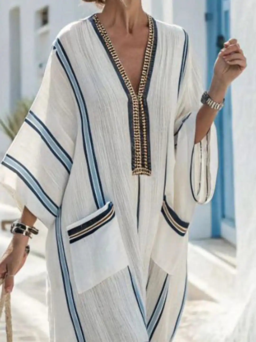 Buy StyleCast Women Striped V-Neck Utility Pockets Kaftan Maxi