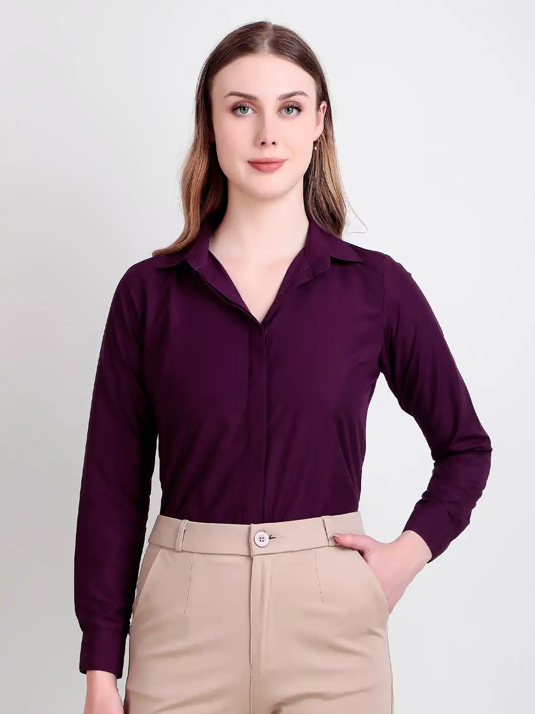 Purple Shirt Polyester Formal Blouse Tops For Women SWAZ Women Purple Slim Fit Solid Spread Collar