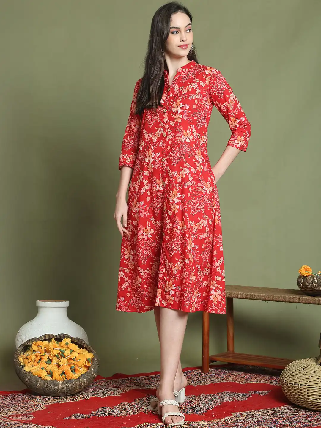 Buy Merira Women Floral Printed Pure Cotton Midi Shirt Dress