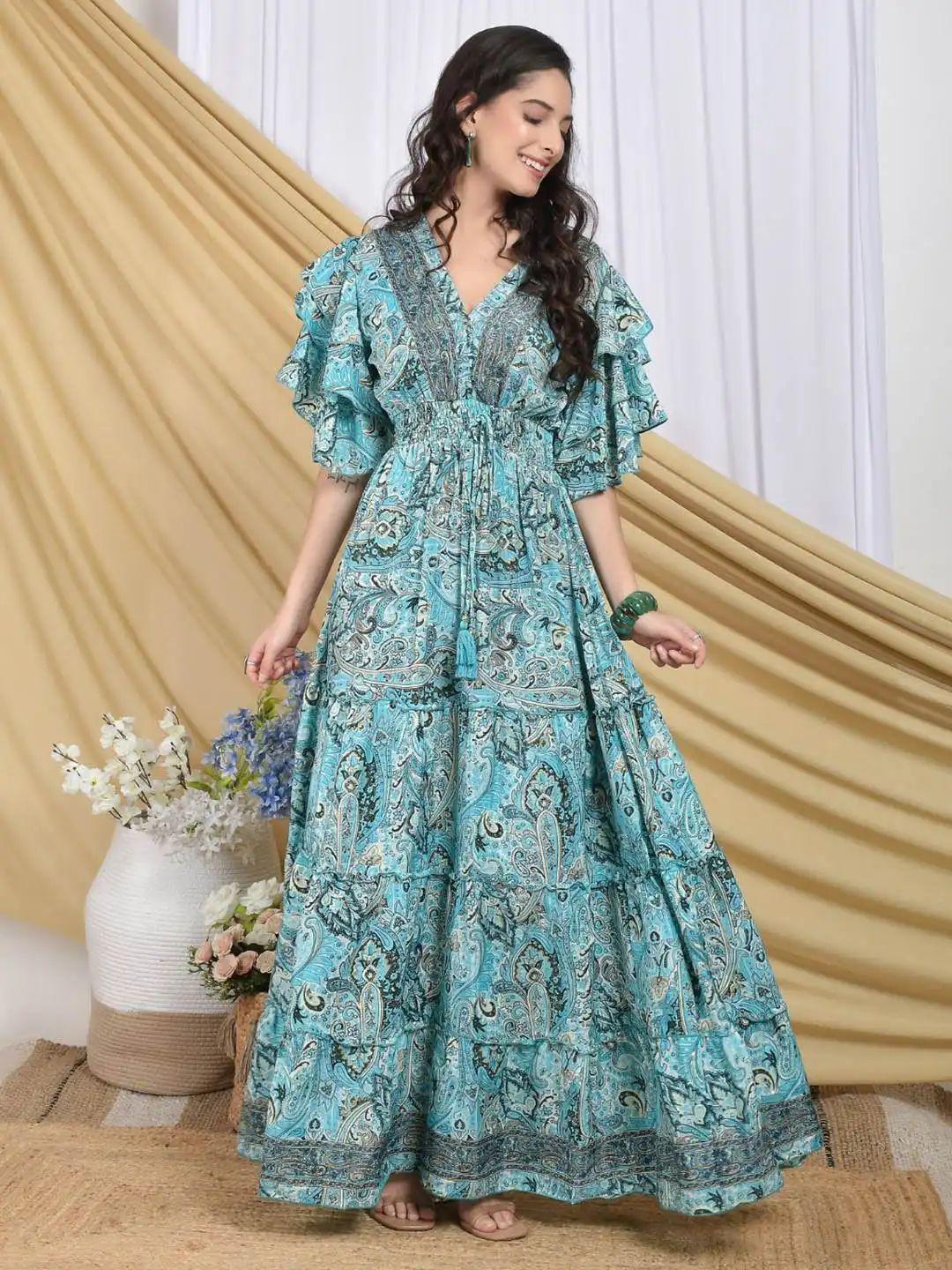 Buy Boholyfe Elowen Azure Tiered Maxi Dress - Dresses for Women
