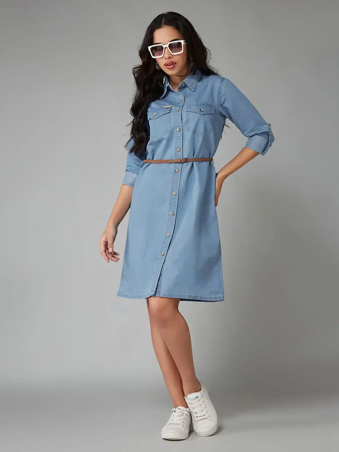 Buy DOLCE CRUDO Polo Neck Rolled Up Full Sleeve Buttoned A-Line Mini  Lightweight Denim Dress - Dresses for Women 36264479 | Myntra