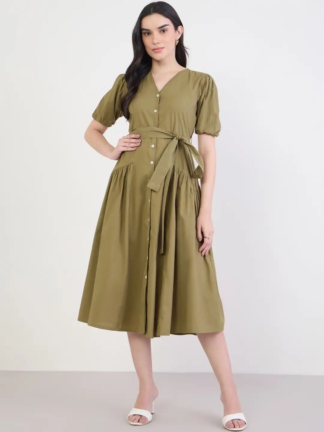 Buy Styli Low Waist Poplin Flared Midi Shirt Dress - Dresses for Women  38187510 | Myntra