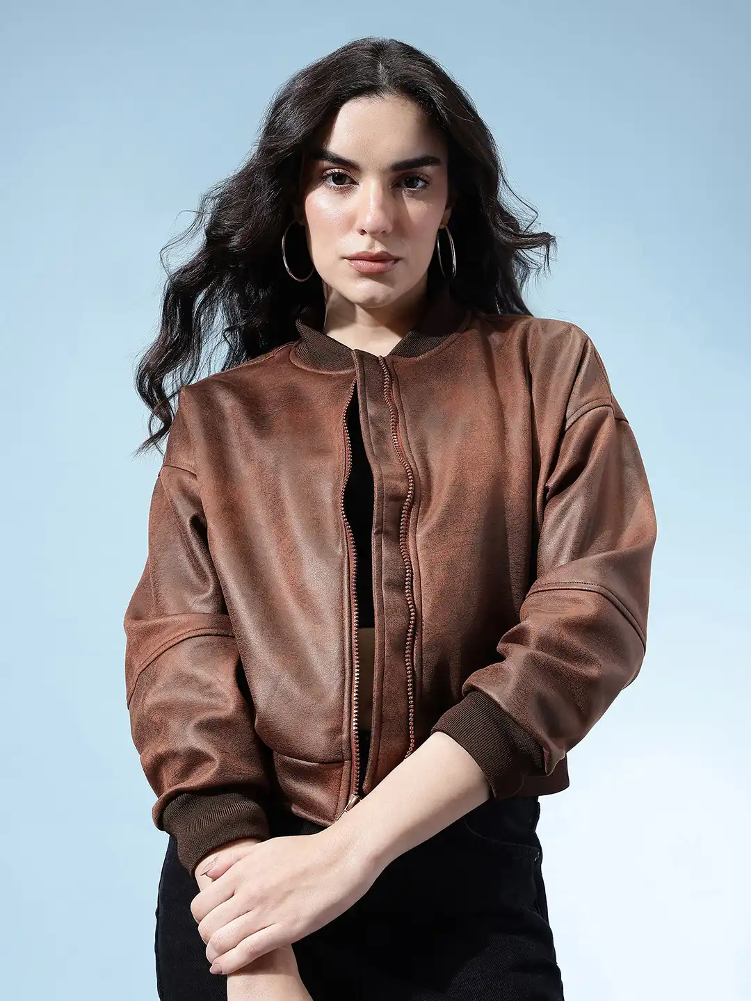 Buy glitchez Faux Leather Trim Stand Collar Drop-Sleeves Relaxed