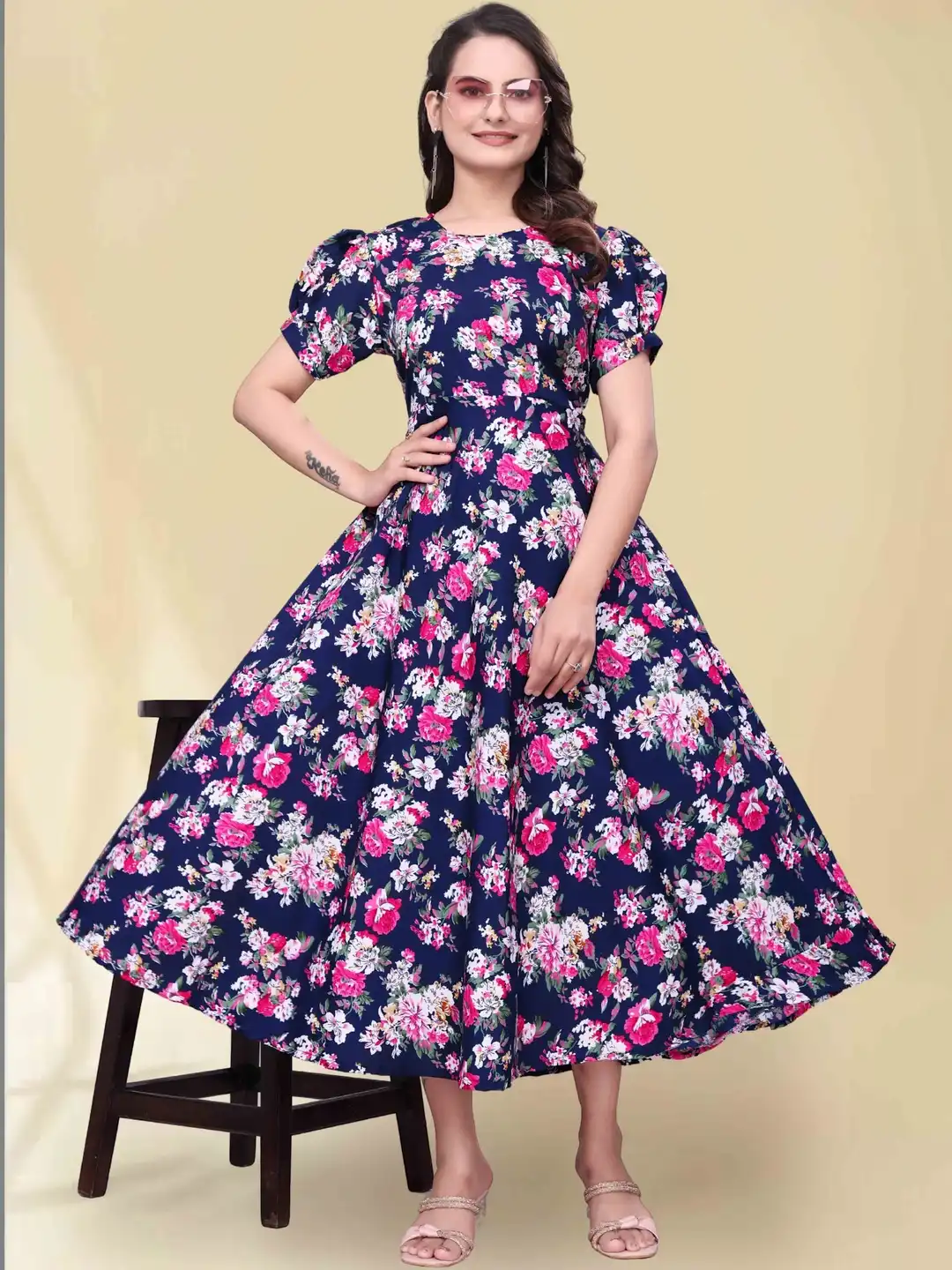 Buy QENA Print Puff Sleeve Applique Georgette Fit & Flare Dress