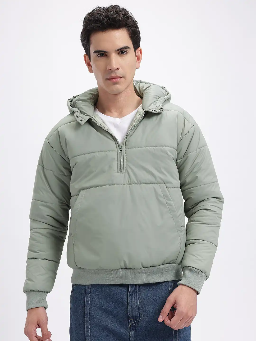 Buy glitchez Hooded Half Zipper Oversized Fleece Bomber Jacket