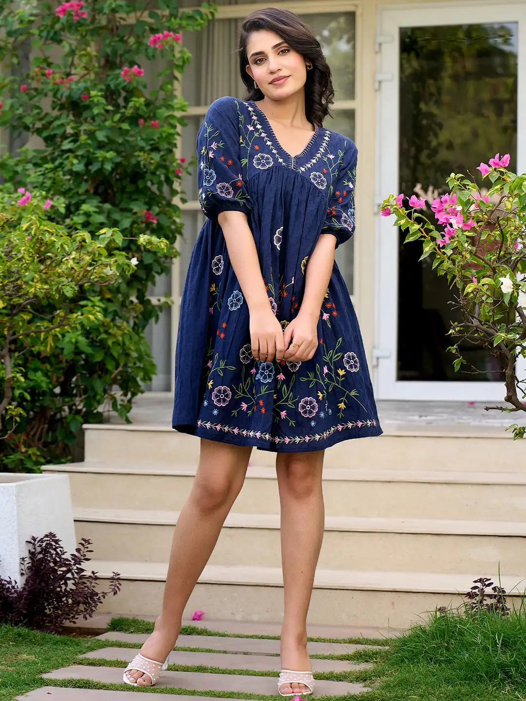 Buy ZUMMER Women Floral Embroidered Puff Sleeve Empire Cotton Dress -  Dresses for Women 34825852 | Myntra