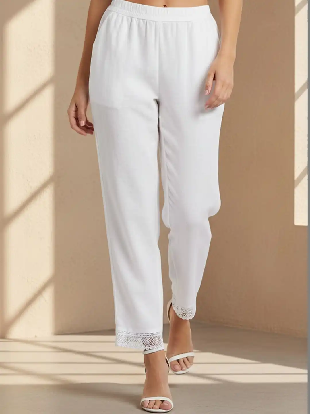 Buy W Woman White Solid Lace Cotton Flax Relaxed Fit Ankle Length
