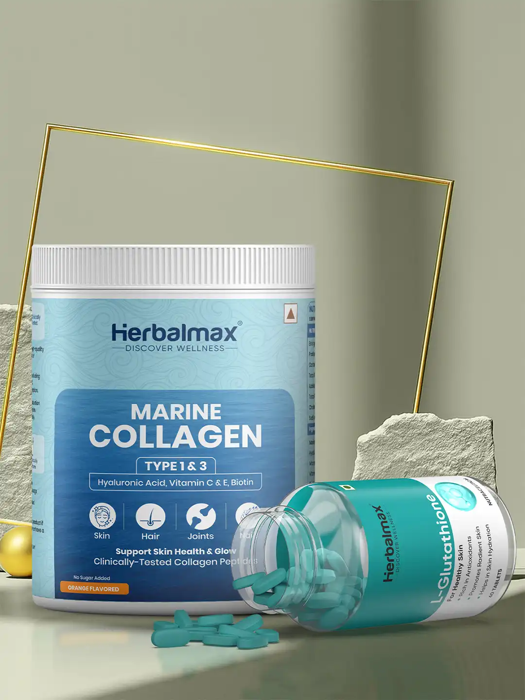Buy Herbal max Set Of 2 Marine Collagen Powder - 240 g & L- Glutathione Tablet - 60 Tab - Skin Supplements for Unisex 33024522