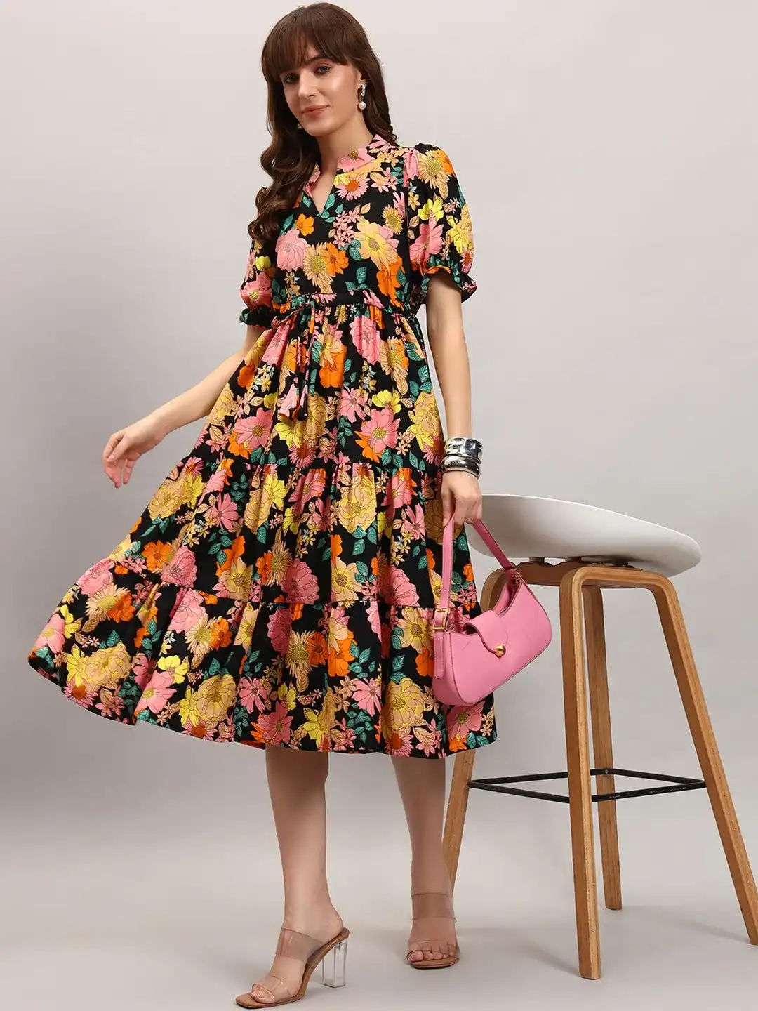 Buy Femvy Floral Print Puff Sleeve Crepe Fit & Flare Midi Dress - Dresses  for Women 38511657 | Myntra