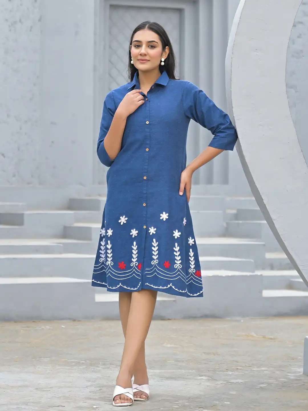ethnic knee length dresses Women Red Ethnic Floral Printed Pure Cotton Knee Length A Line Midi Dr Rain & Rainbow