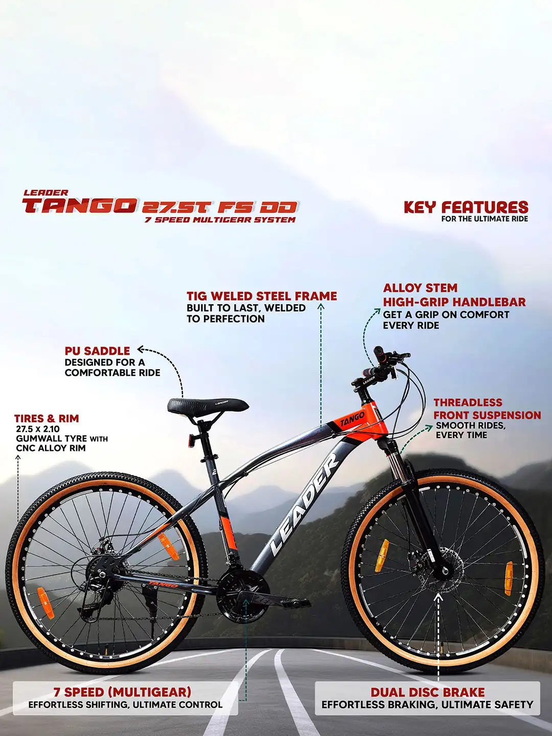 Buy LEADER Tango 27.5T Premium MTB Bike For Men 7-Speed Dual Disc