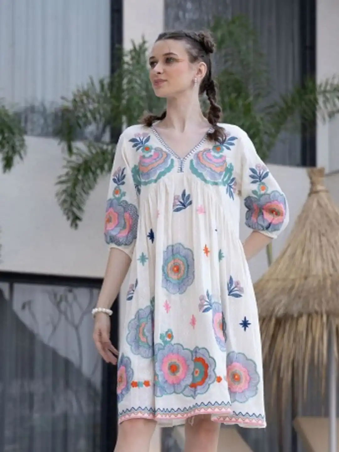 Buy Zolo Label Floral Embroidered Cotton Mini Dress for Women