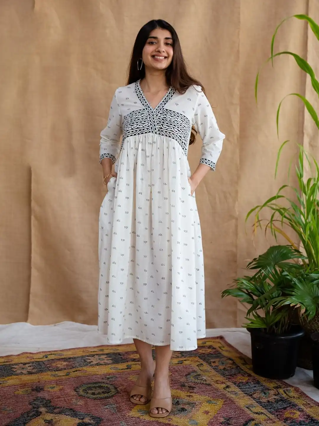 white cotton indian dresses White Print Plunge Neckline Gown: Modern Indian Elegance USA S / White