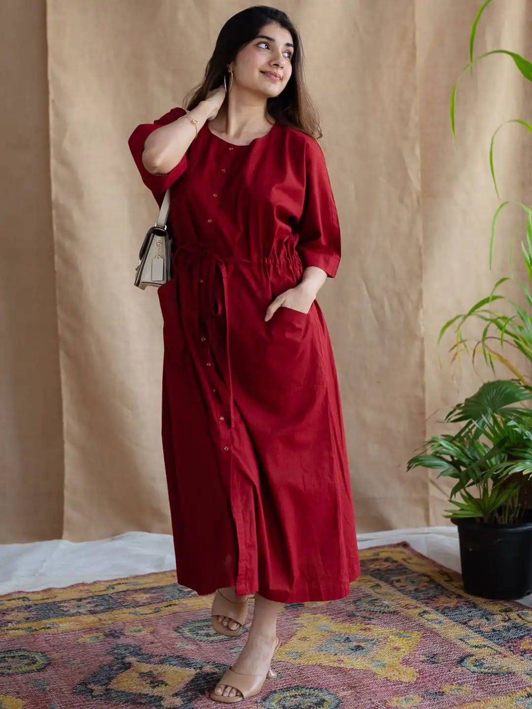 Buy THE INDIAN ETHNIC CO Maroon Solid Cotton Loose Fit Dress - Dresses for Women 32377054