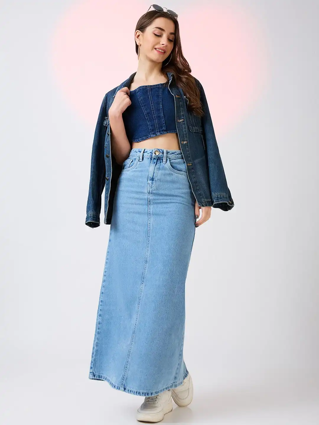 Buy Globus Stretchable Mid Rise Back Slit Maxi Denim Pencil Skirt