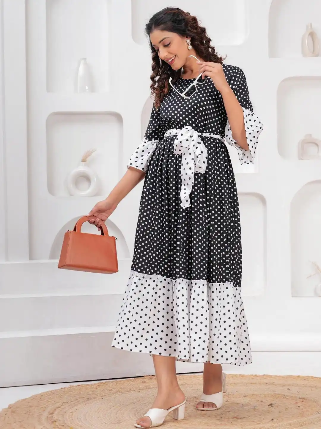 Buy Jyoti Polka Dot Print Flared Sleeve Crepe Fit & Flare Maxi