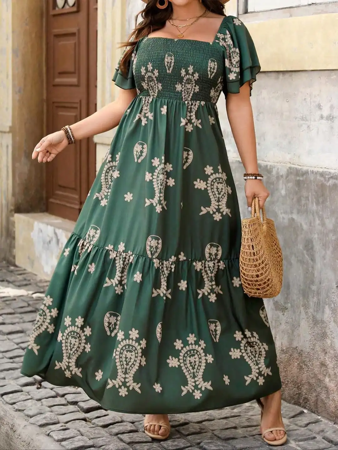 ワンピース smocking ethnic print dress 38 Buy Sztori Ethnic Motifs Print Flared Sleeve Smocked Plus Size Fit