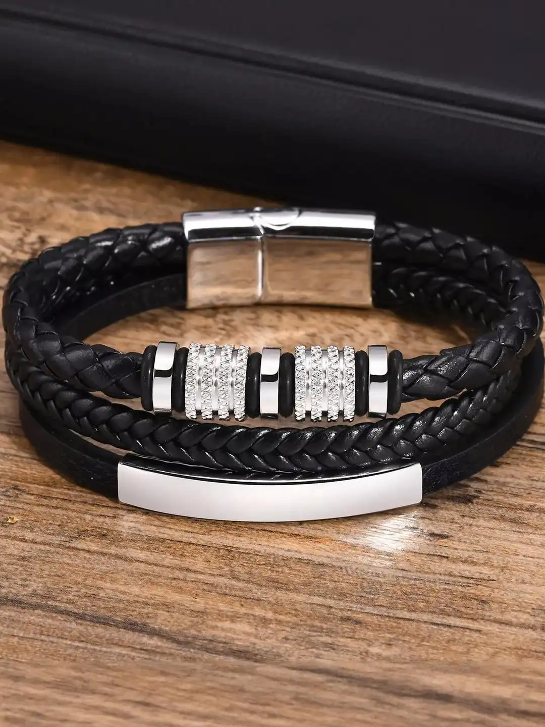 Buy MEENAZ Men Black Leather Bracelet - Bracelet for Men 35733445