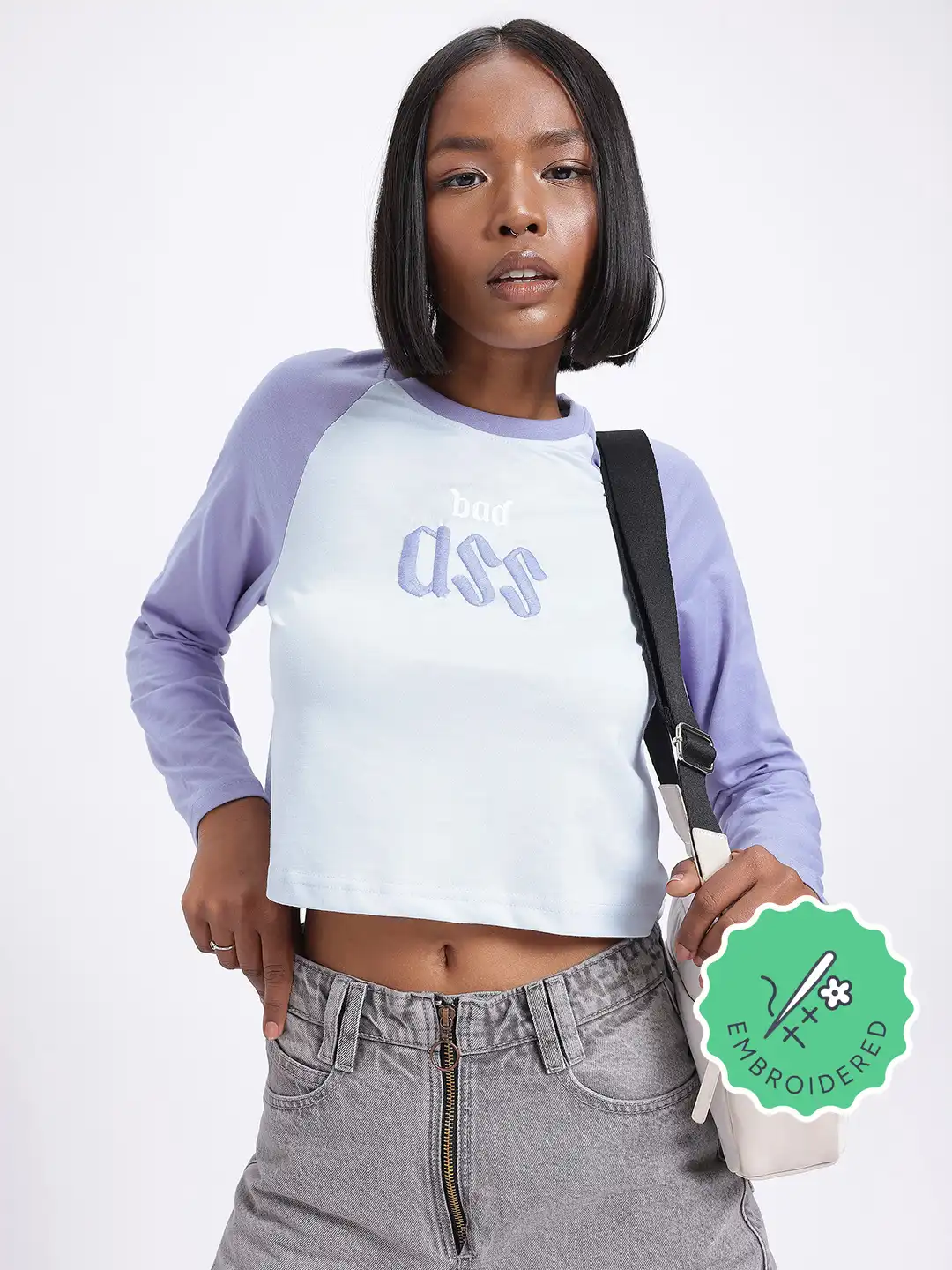 Buy glitchez Embroidery Raglan Sleeve Crop T-shirt - Tshirts for