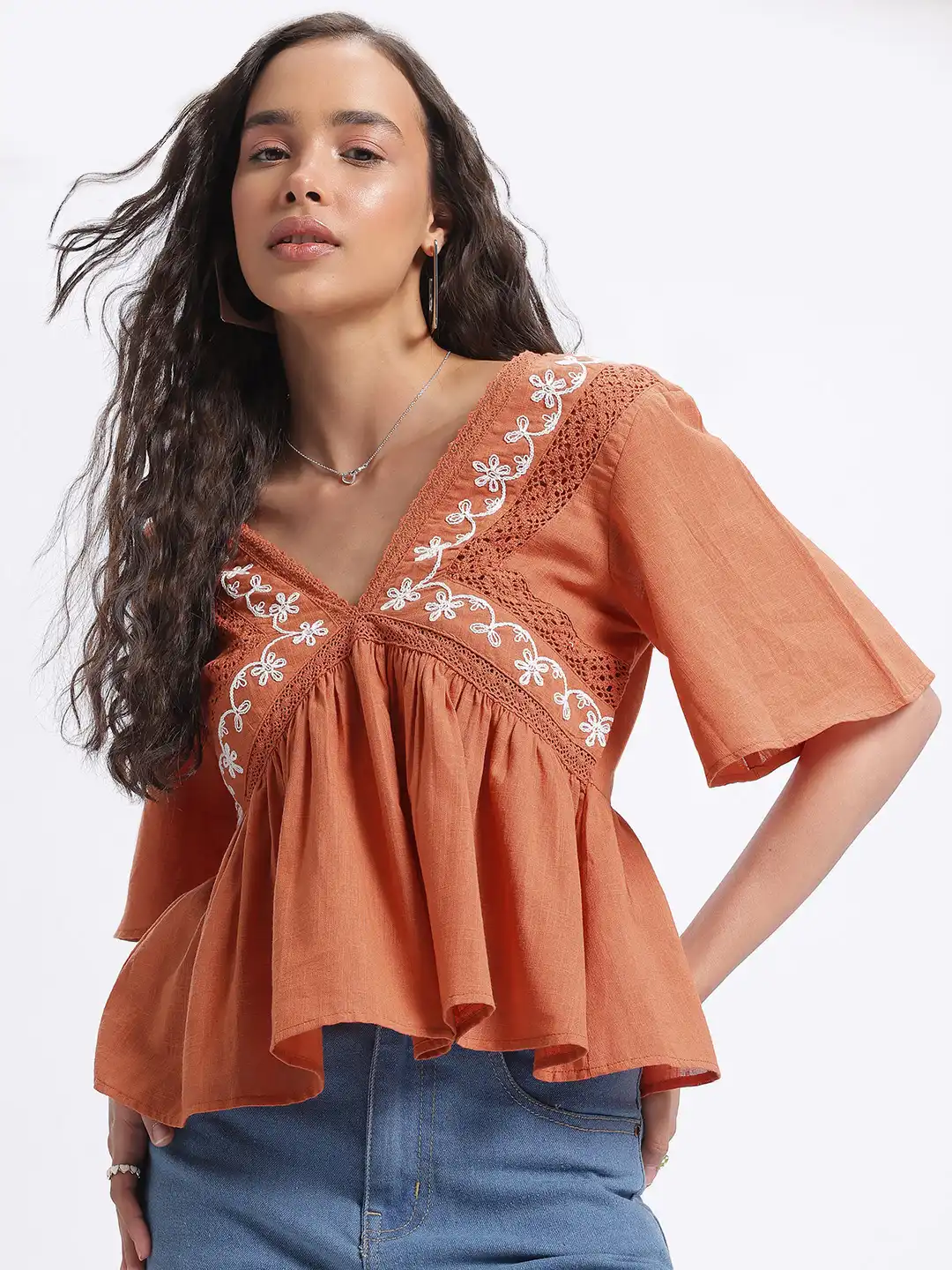 Buy glitchez Embroidered Lace Insert Empire Top - Tops for Women