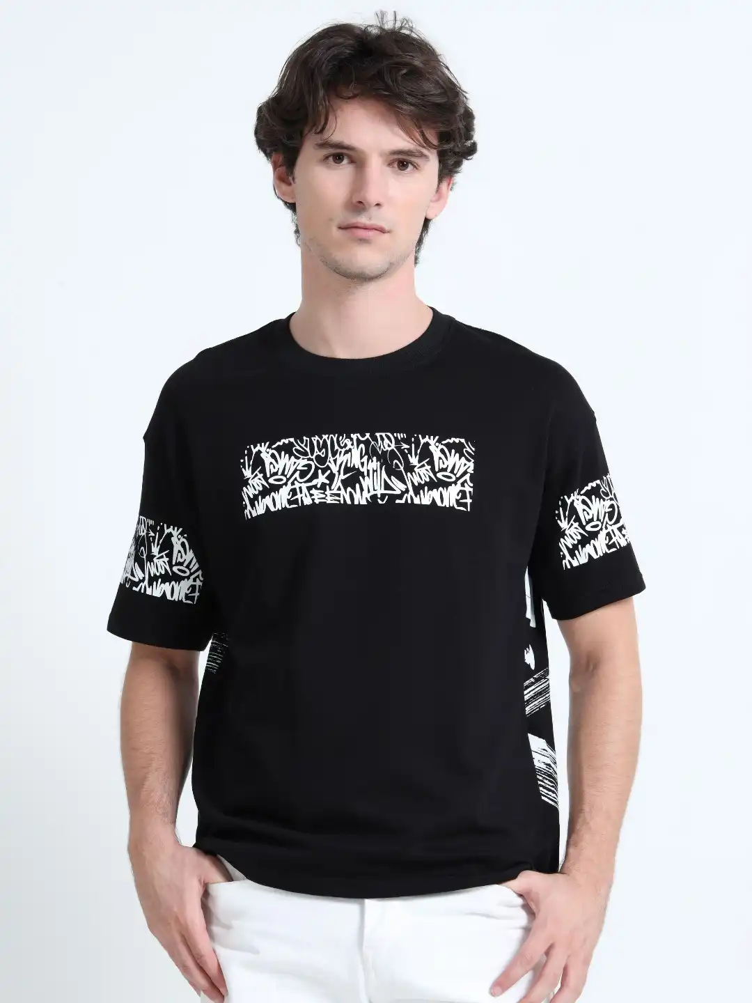 Buy RHINO CULT Typography Printed Round Neck Drop-Shoulder Sleeves