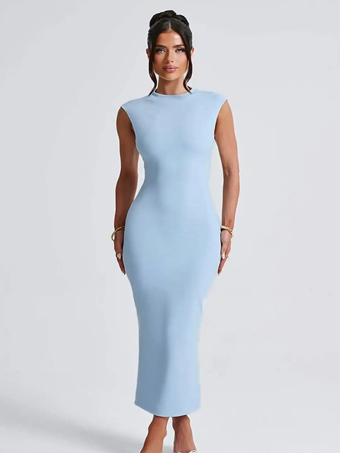 light blue bodycon dress long Sexy Light Blue Spaghetti Straps Bodycon Party Dress – Modsele main image 1