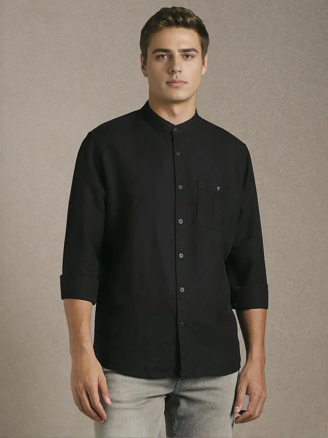 Buy Louis Philippe Jeans Band Collar Cotton Linen Slim Fit Shirt