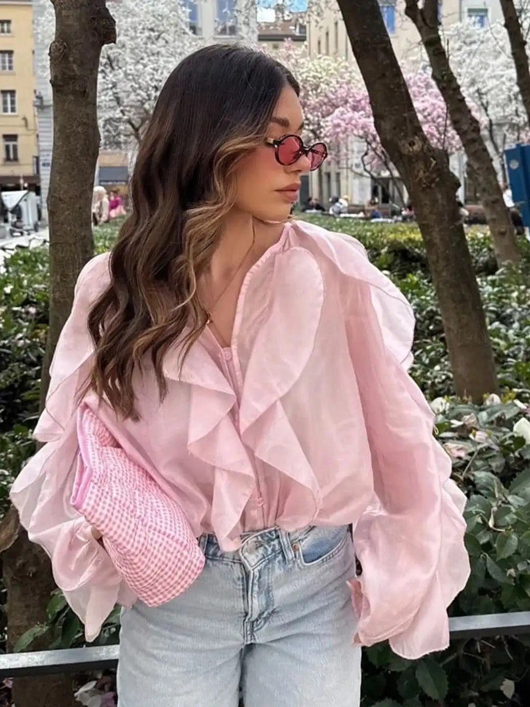 Buy Miss Mosa By Akanksha Pink Saga Organza Ruffled Top - Tops for