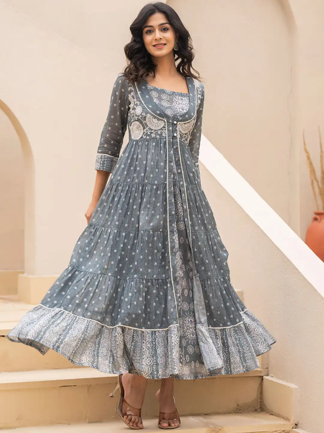 Buy Juniper Embroidered Fit and Flare Maxi Ethnic Dress With Shrug - Ethnic  Dresses for Women 35343643 | Myntra