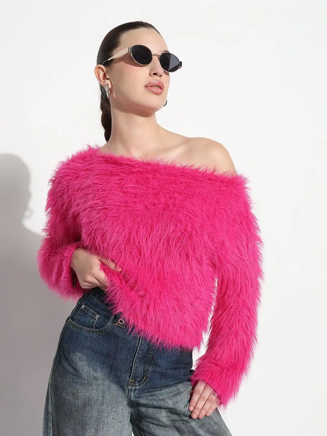 Buy SHOWOFF Women Self Design Faux Fur Trim Long Sleeve Fuzzy Crop