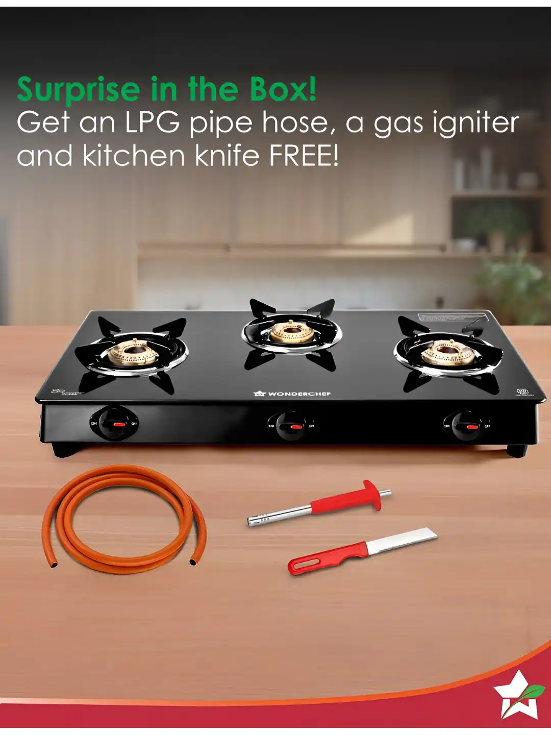 Buy Wonderchef Zest Neo Black 3 Burner Manual Glass Gas stove