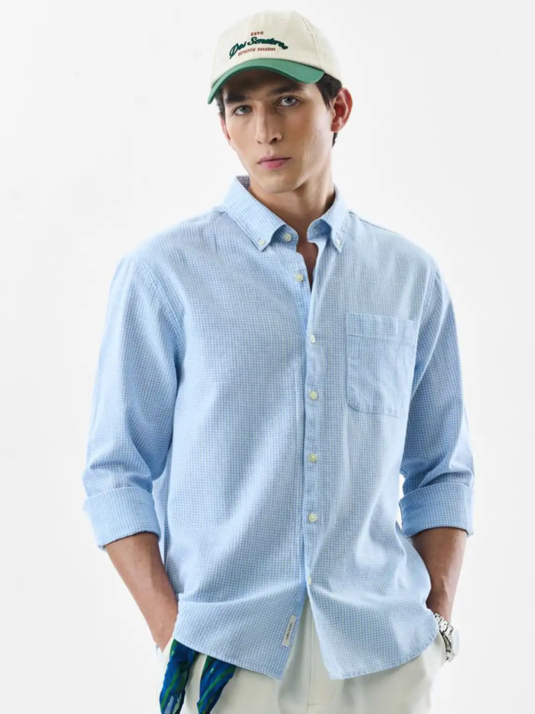 Buy Snitch Micro Checked Button-Down Collar Cotton Linen Shirt