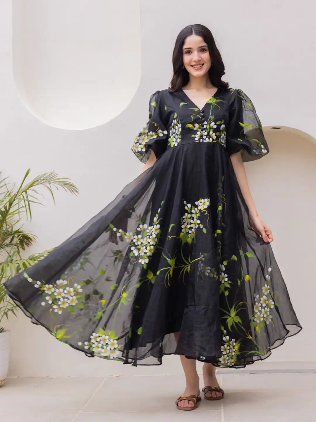 Buy Ambraee Black Organza Floral Fit & Flare Dress - Dresses for Women  35057959 | Myntra