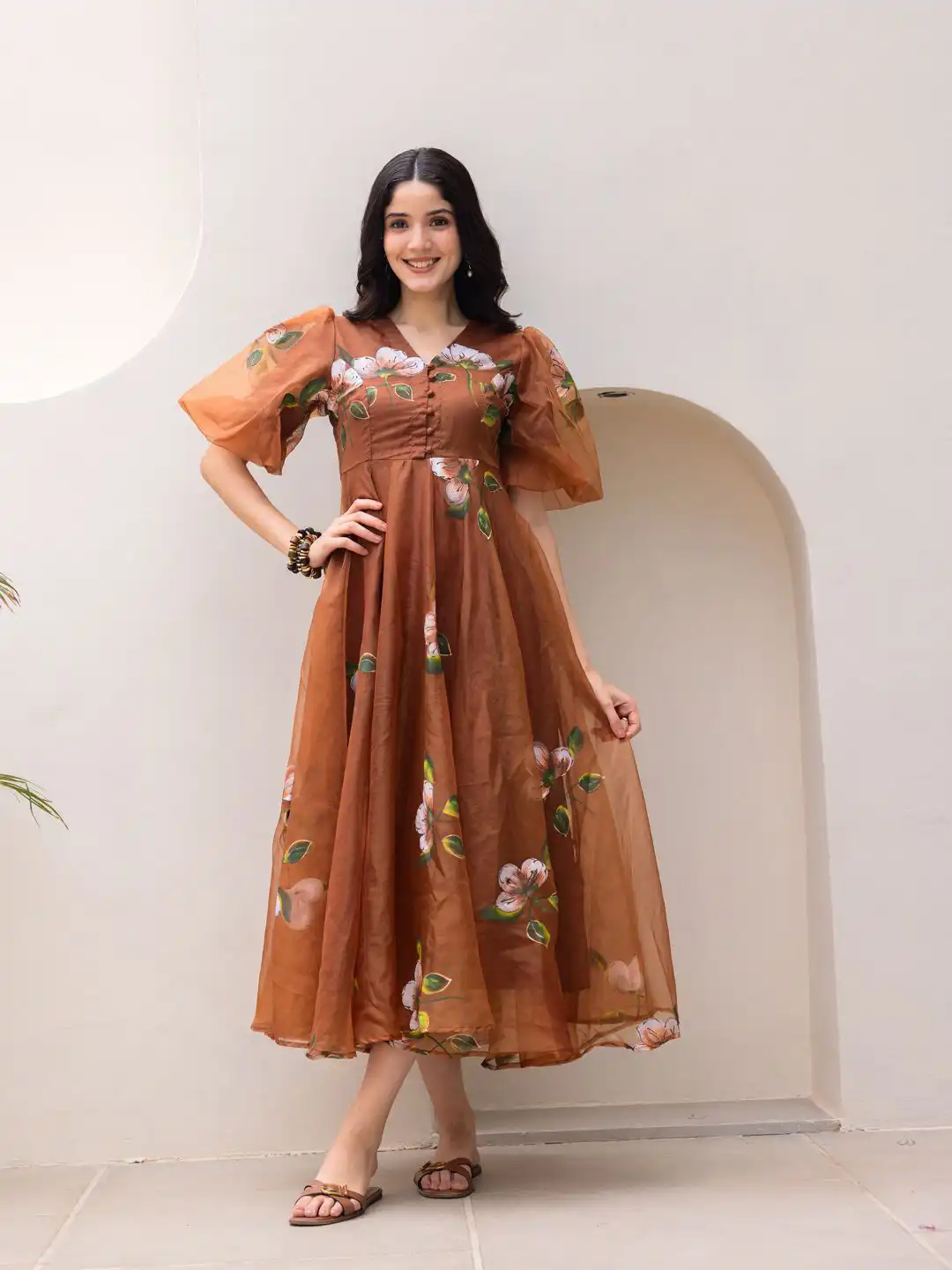 myntra organza dress Buy Ambraee Brown Floral Printed Bishop Sleeves Organza Fit & Flare Midi Dress - Dresses for Women 35058014