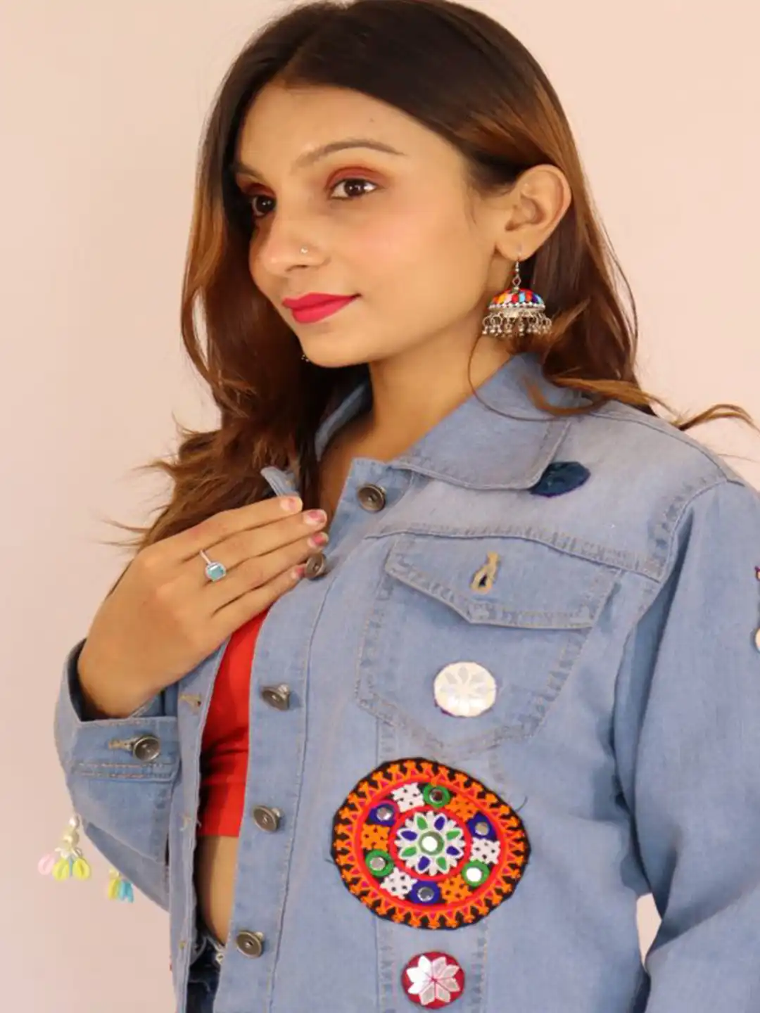 Buy Prijam Embroidered Spread Collar Denim Jacket with Patchwork