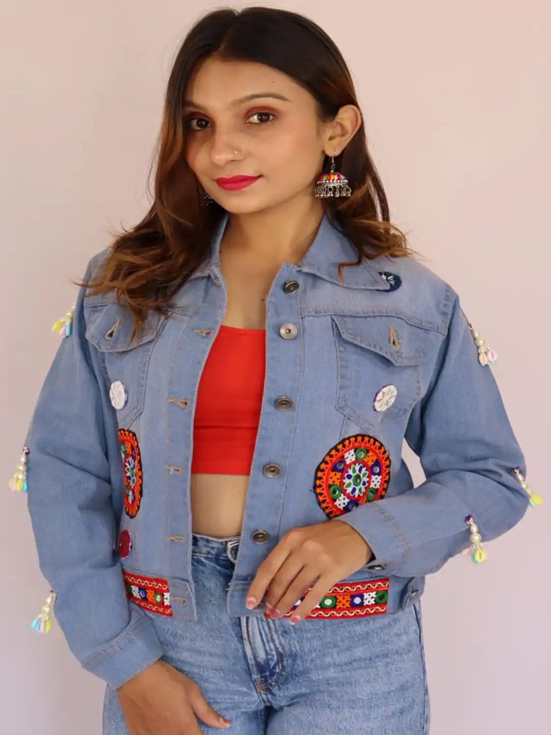Buy Prijam Embroidered Spread Collar Denim Jacket with Patchwork